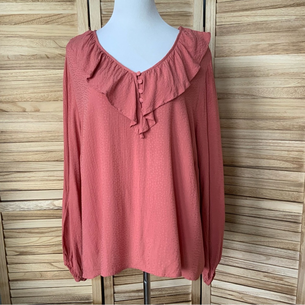 -Ava & Viv Ruffle Collar V-Neck Burnt Orange Blouse 2X